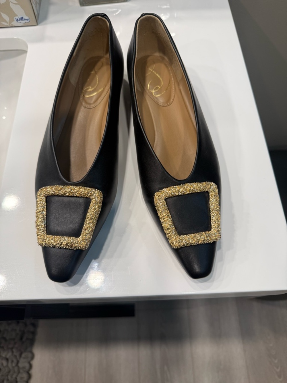 Sam Edelman Black Pointed Toe Flats with Gold Buckle Accent